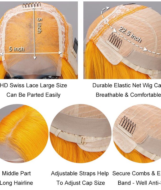 Vibrant Orange Bob Silky Straight Human Hair Middle Part 5x5 HD Lace Lob Wigs