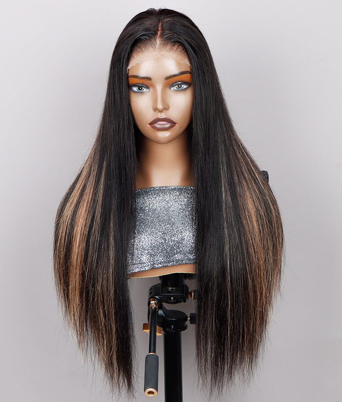 Orange Pink Peekaboo Highlight Wig Long Straight Hair Glueless 6x4 Pre Cut Pre Bleached Lace Wig