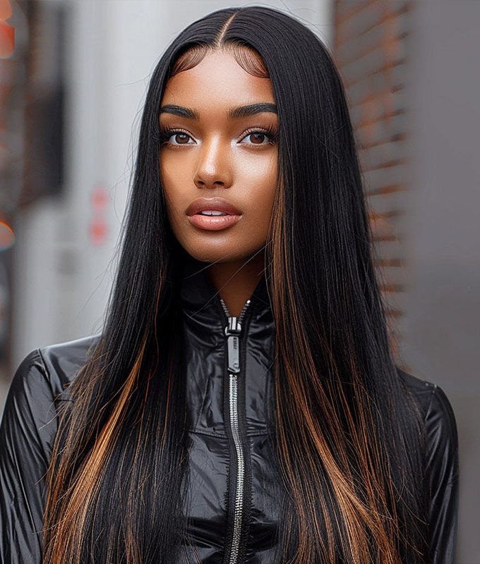 Orange Pink Peekaboo Highlight Wig Long Straight Hair Glueless 6x4 Pre Cut Pre Bleached Lace Wig