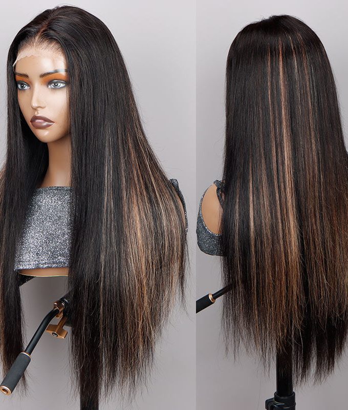 Orange Pink Peekaboo Highlight Wig Long Straight Hair Glueless 6x4 Pre Cut Pre Bleached Lace Wig