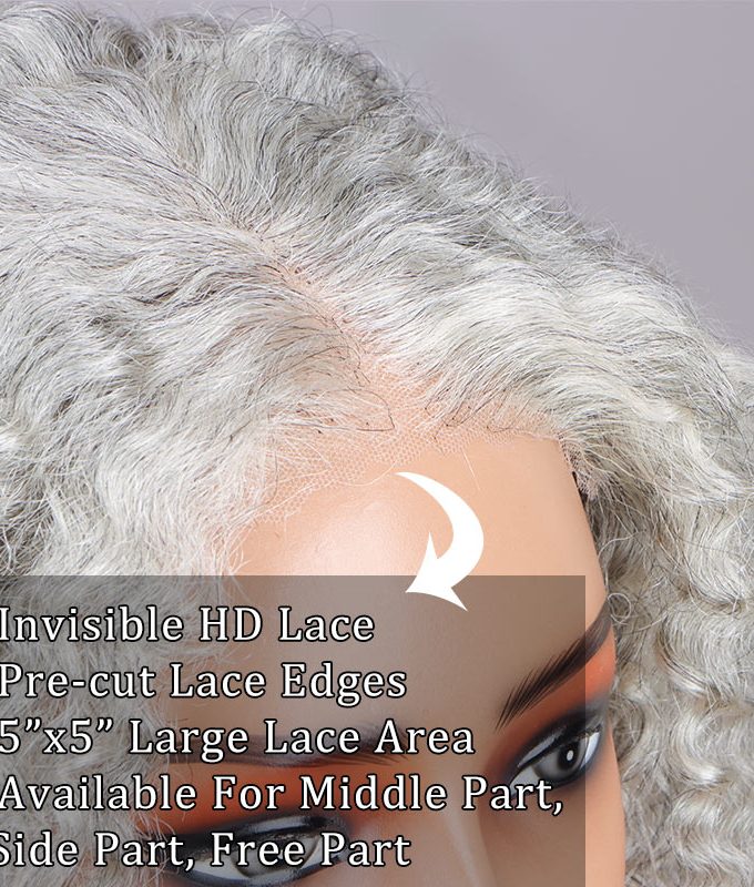 US DOMESTIC SHIPPING | Seniors Pale Gray Wig Light Salt And Pepper Jerry Curly Bob 5x5 HD Lace Human Hair Wigs For Older Women