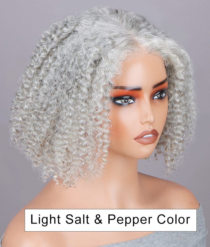 US DOMESTIC SHIPPING | Seniors Pale Gray Wig Light Salt And Pepper Jerry Curly Bob 5x5 HD Lace Human Hair Wigs For Older Women