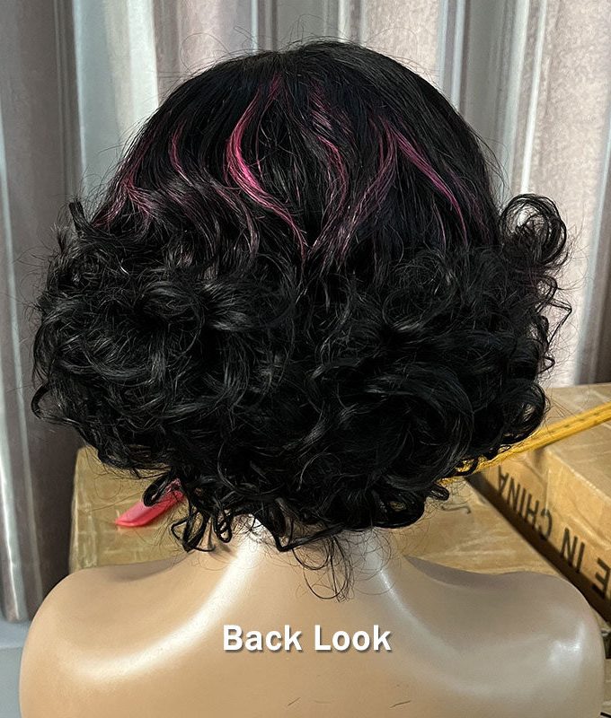 Pink Balayage Highlight Bob Wig With Bangs Short Wavy Human Hair Glueless Wigs For Mom