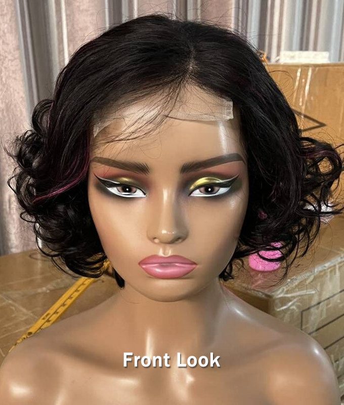 Pink Balayage Highlight Bob Wig With Bangs Short Wavy Human Hair Glueless Wigs For Mom