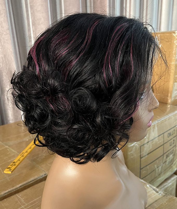 Pink Balayage Highlight Bob Wig With Bangs Short Wavy Human Hair Glueless Wigs For Mom