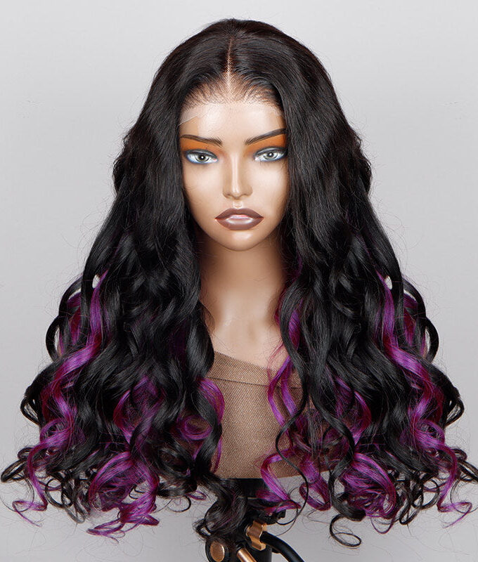 Purple Peekaboo Balayage Highlight Wig Long Body Wave Hair Glueless 6x4 Pre Cut Pre Bleached Lace Wig