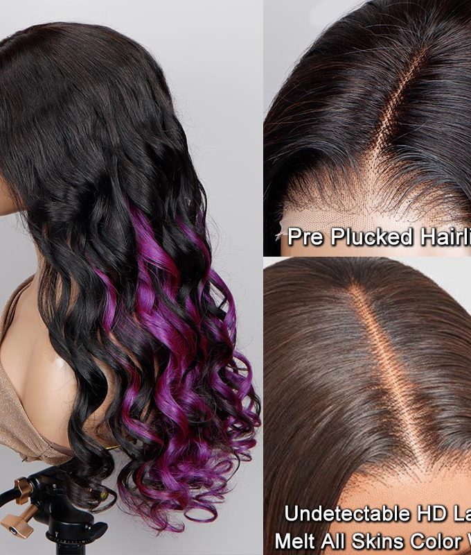 Purple Peekaboo Balayage Highlight Wig Long Body Wave Hair Glueless 6x4 Pre Cut Pre Bleached Lace Wig