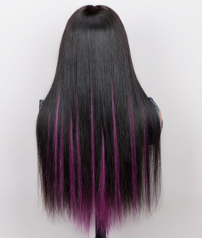 Purple Peekaboo Balayage Highlight Wig Long Silky Straight Hair Glueless 6x4 Pre Cut Pre Bleached Lace Wig