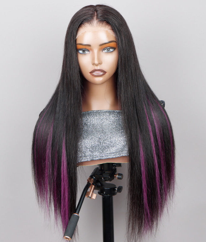 Purple Peekaboo Balayage Highlight Wig Long Silky Straight Hair Glueless 6x4 Pre Cut Pre Bleached Lace Wig