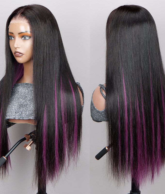 Purple Peekaboo Balayage Highlight Wig Long Silky Straight Hair Glueless 6x4 Pre Cut Pre Bleached Lace Wig