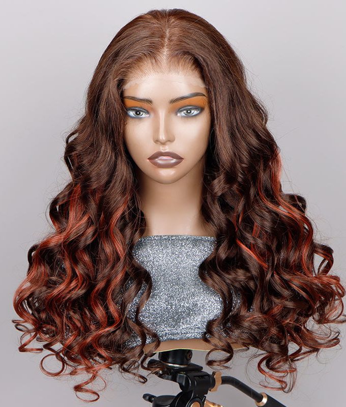 Red Copper Peekaboo Balayage Highlight Brown Wig Long Body Wave Hair Glueless 6x4 Pre Cut Pre Bleached Lace Wig