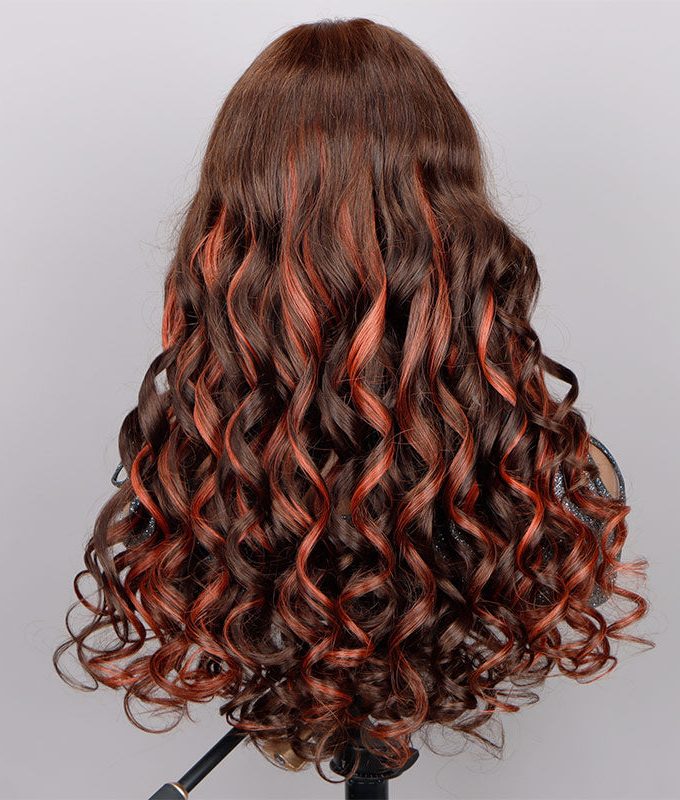 Red Copper Peekaboo Balayage Highlight Brown Wig Long Body Wave Hair Glueless 6x4 Pre Cut Pre Bleached Lace Wig