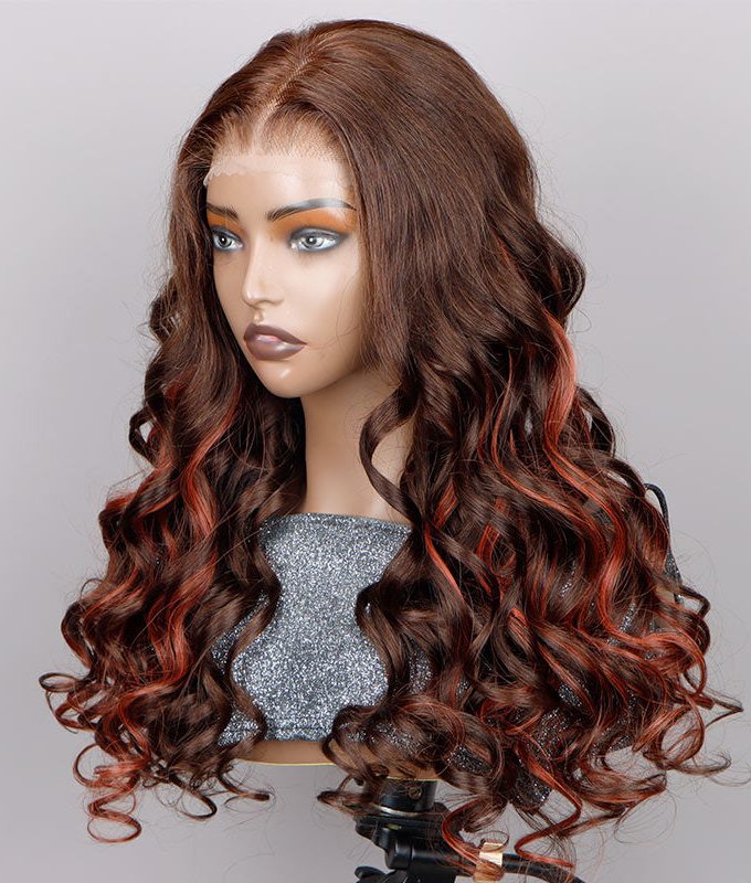 Red Copper Peekaboo Balayage Highlight Brown Wig Long Body Wave Hair Glueless 6x4 Pre Cut Pre Bleached Lace Wig