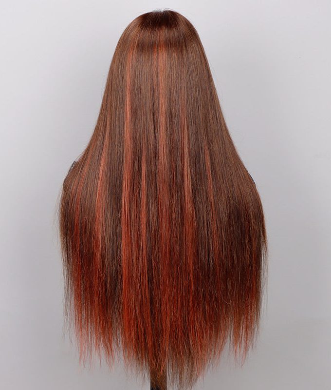 Red Copper Peekaboo Balayage Highlight Brown Wig Long Silky Straight Hair Glueless 6x4 Pre Cut Pre Bleached Lace Wig