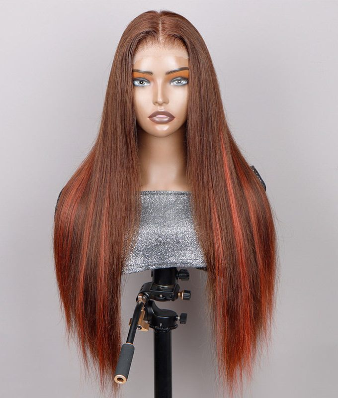 Red Copper Peekaboo Balayage Highlight Brown Wig Long Silky Straight Hair Glueless 6x4 Pre Cut Pre Bleached Lace Wig