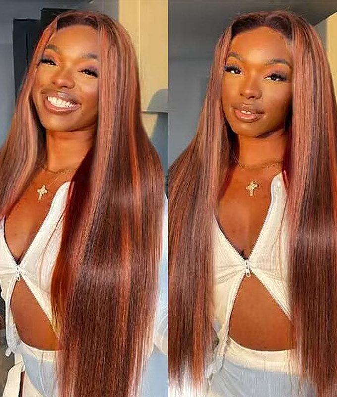 Red Copper Peekaboo Balayage Highlight Brown Wig Long Silky Straight Hair Glueless 6x4 Pre Cut Pre Bleached Lace Wig