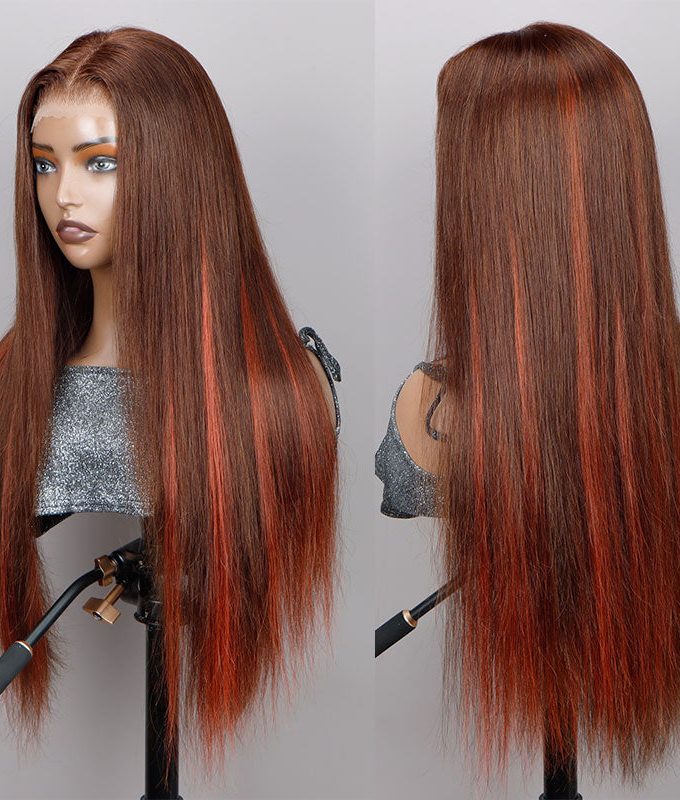 Red Copper Peekaboo Balayage Highlight Brown Wig Long Silky Straight Hair Glueless 6x4 Pre Cut Pre Bleached Lace Wig