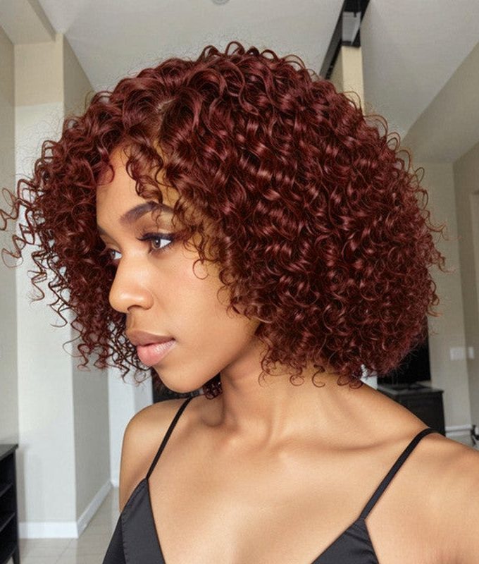 Rich Red Copper Jerry Curly Bob Wig 100% Real Human Hair Glueless Wear And Go Wigs