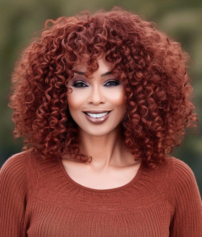 Red Copper Short Afro Bouncy Curly Wig With Bangs Real Human Hair Glueless Wear Go Non-Lace Wigs