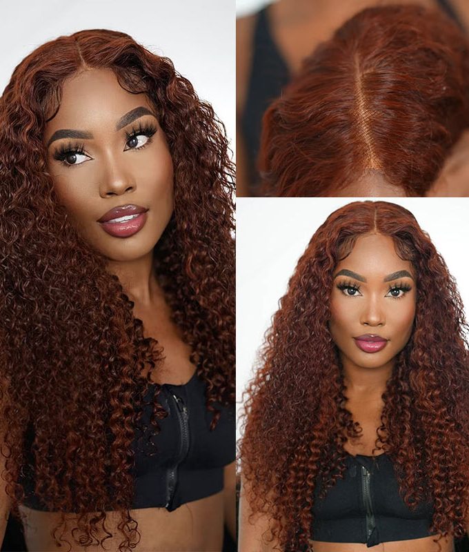 Reddish Brown Jerry Curly Wig 5x5 HD Lace Middle Part Long Human Hair Wigs
