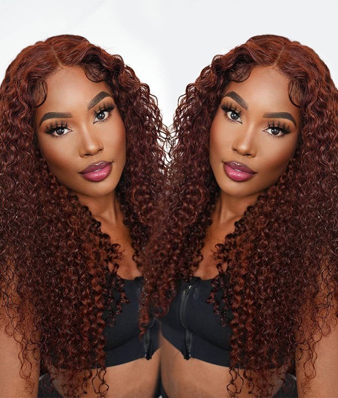 Reddish Brown Jerry Curly Wig 5x5 HD Lace Middle Part Long Human Hair Wigs
