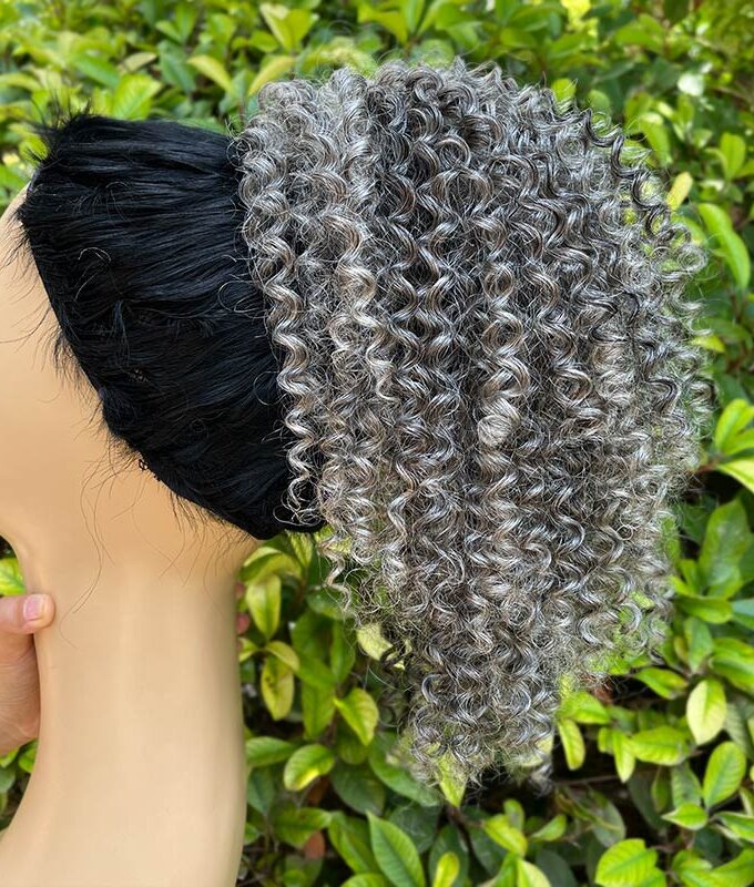 Salt And Pepper Ponytail Jerry Curly Human Hair Drawstring Ponytail Hair Extensions Silver Gray Color