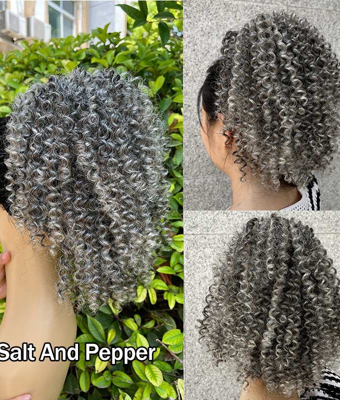 Salt And Pepper Ponytail Jerry Curly Human Hair Drawstring Ponytail Hair Extensions Silver Gray Color