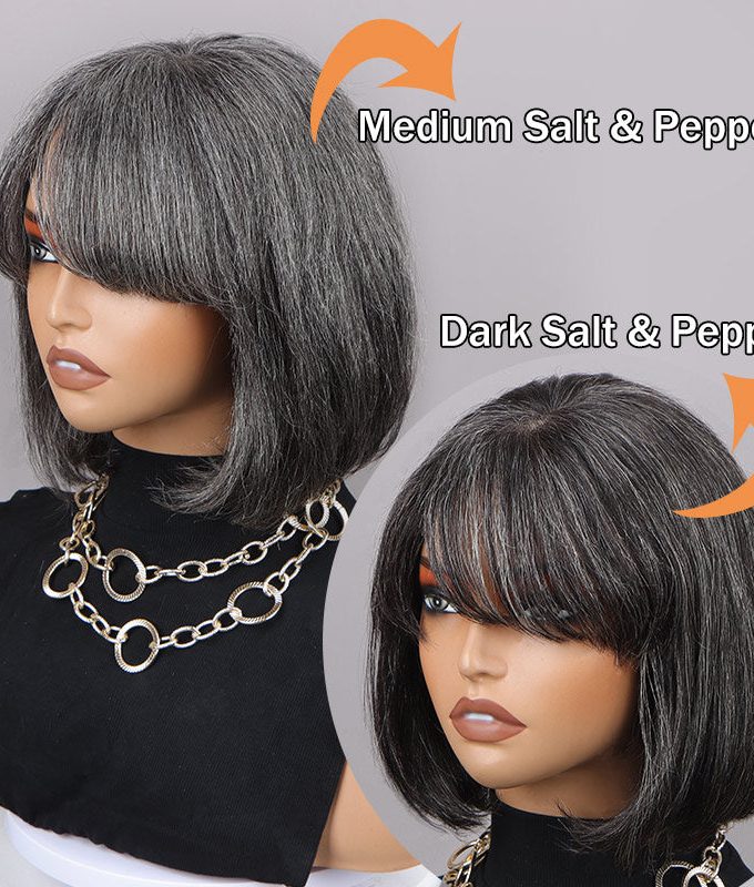 Trendy Salt & Pepper Natural Straight Wavy Bob Wear Go Glueless Human Hair Wigs With Bangs For Mature Women