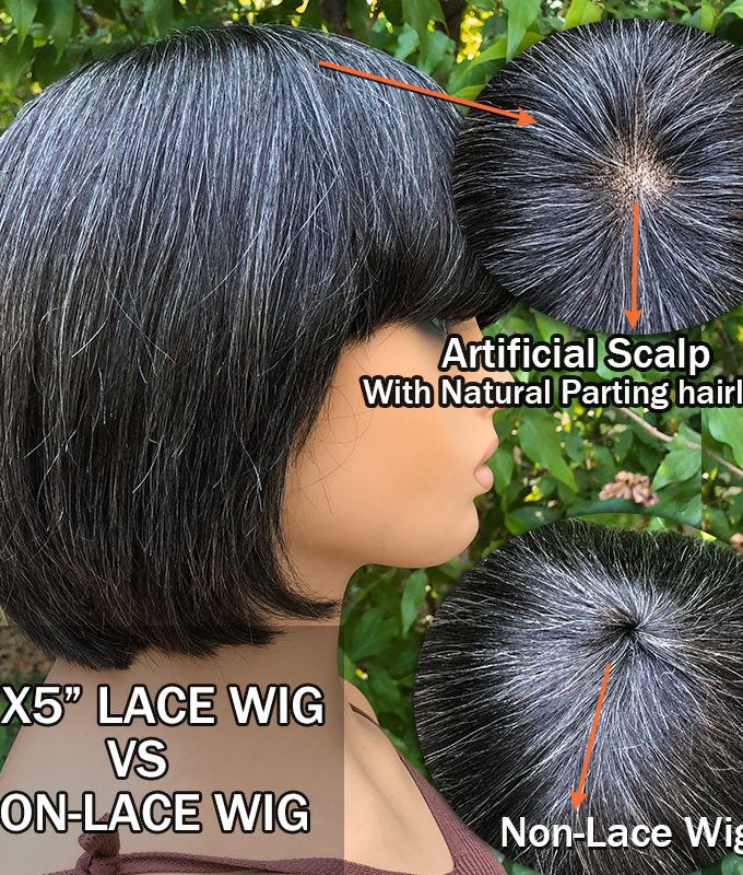 Trendy Salt & Pepper Natural Straight Wavy Bob Wear Go Glueless Human Hair Wigs With Bangs For Mature Women