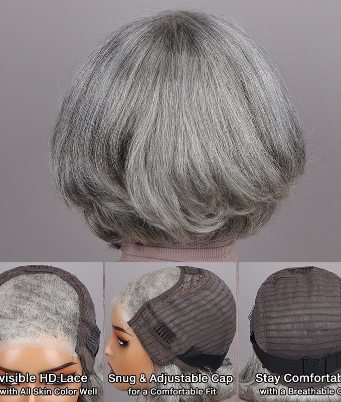 US DOMESTIC SHIPPING | Classic Short Straight Wavy Grey Bob Standard Salt & Pepper Color Glueless Human Hair Wigs For Women Over 60