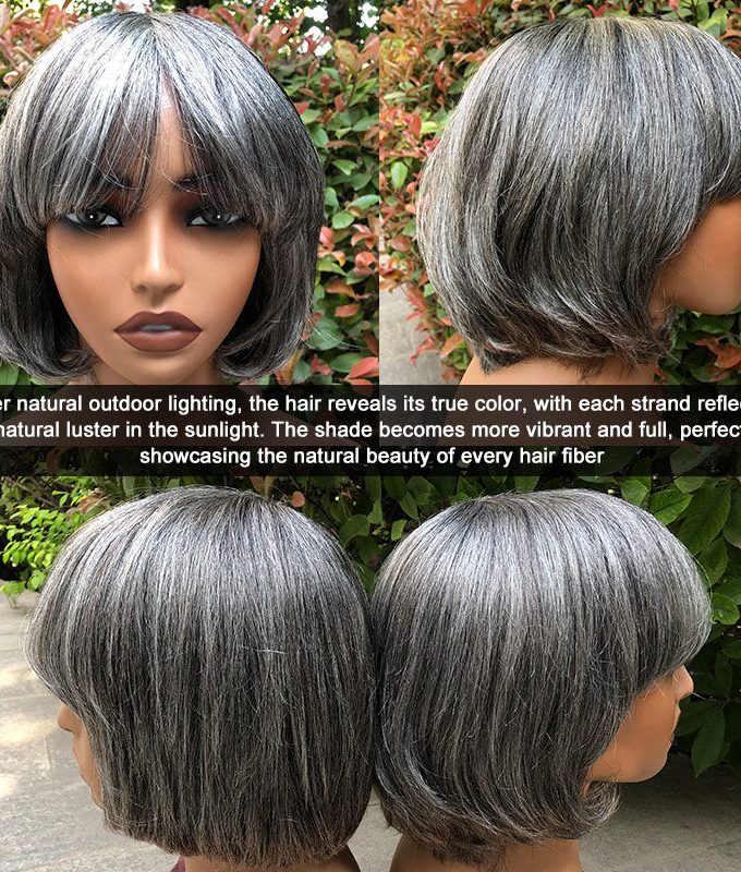 US DOMESTIC SHIPPING | Classic Short Straight Wavy Grey Bob Standard Salt & Pepper Color Glueless Human Hair Wigs For Women Over 60