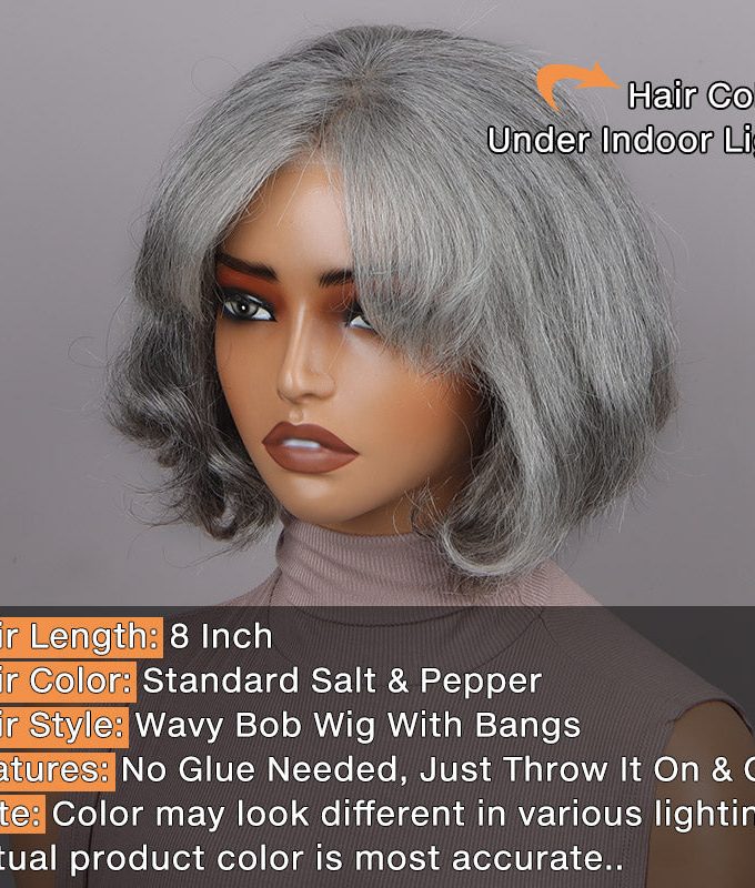 US DOMESTIC SHIPPING | Classic Short Straight Wavy Grey Bob Standard Salt & Pepper Color Glueless Human Hair Wigs For Women Over 60