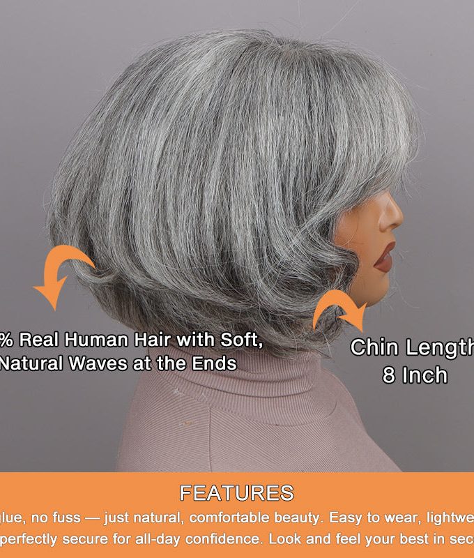 US DOMESTIC SHIPPING | Classic Short Straight Wavy Grey Bob Standard Salt & Pepper Color Glueless Human Hair Wigs For Women Over 60