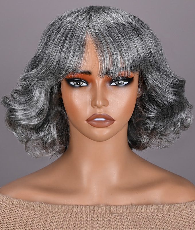 US DOMESTIC SHIPPING |Beginner Friendly Salt and Pepper Bob Wig With Bangs Natural Wavy Human Hair Wear To Go Wig