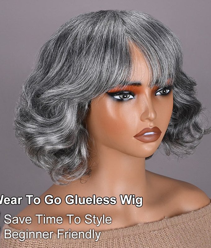 US DOMESTIC SHIPPING |Beginner Friendly Salt and Pepper Bob Wig With Bangs Natural Wavy Human Hair Wear To Go Wig