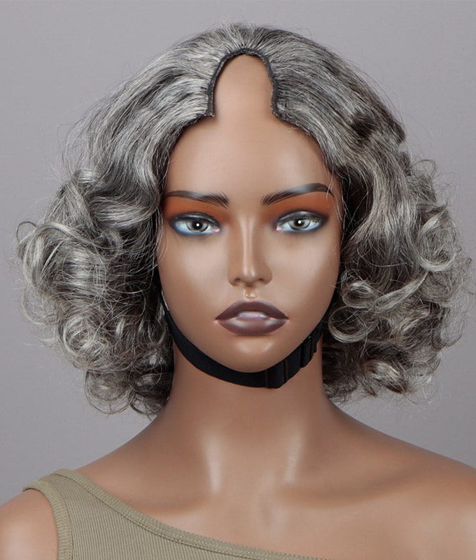 Salt & Pepper Loose Curly V-Part Wig For Seniors Silver Grey Short Glueless Human Hair Wigs For Women