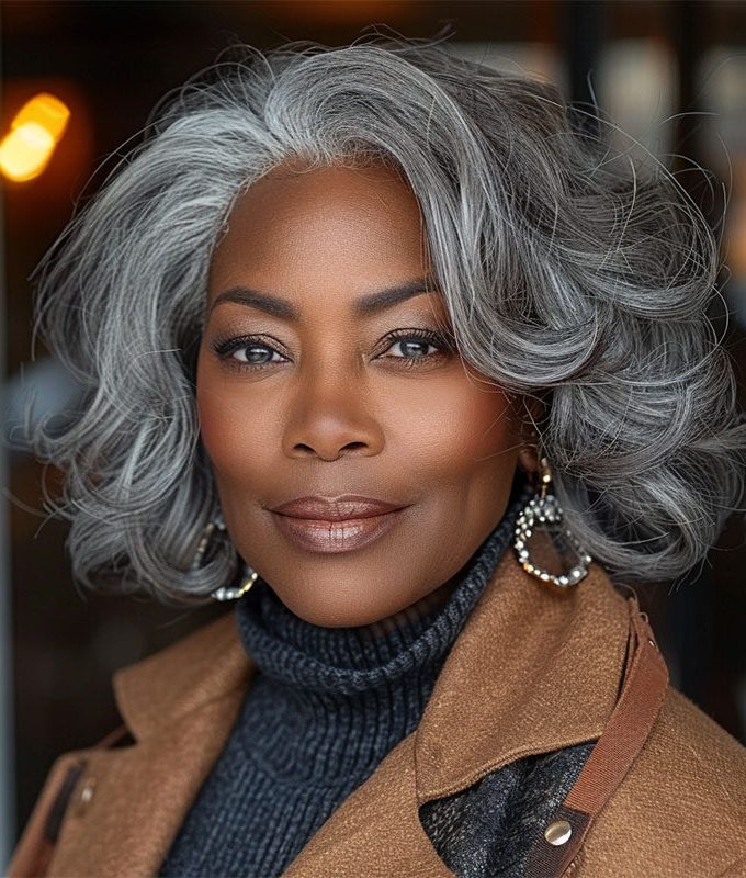 Salt & Pepper Loose Curly V-Part Wig For Seniors Silver Grey Short Glueless Human Hair Wigs For Women
