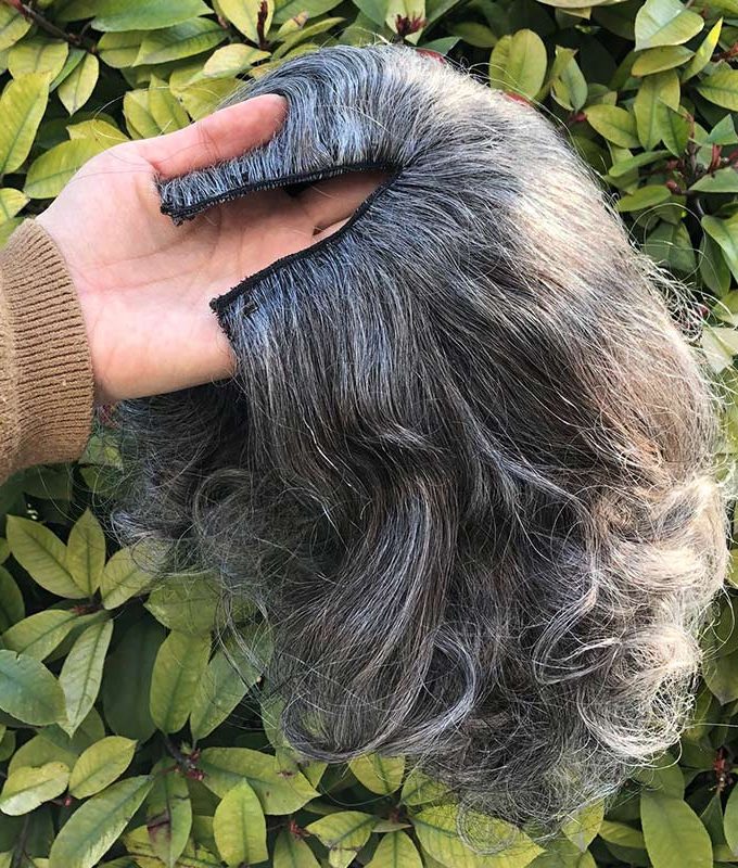 Salt & Pepper Loose Curly V-Part Wig For Seniors Silver Grey Short Glueless Human Hair Wigs For Women