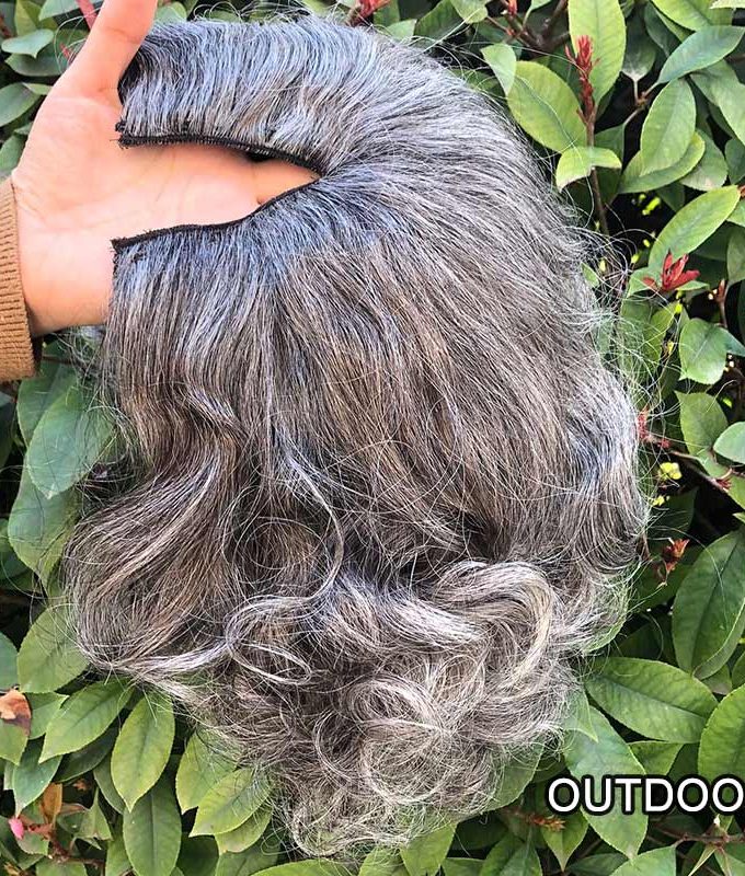 Salt & Pepper Loose Curly V-Part Wig For Seniors Silver Grey Short Glueless Human Hair Wigs For Women