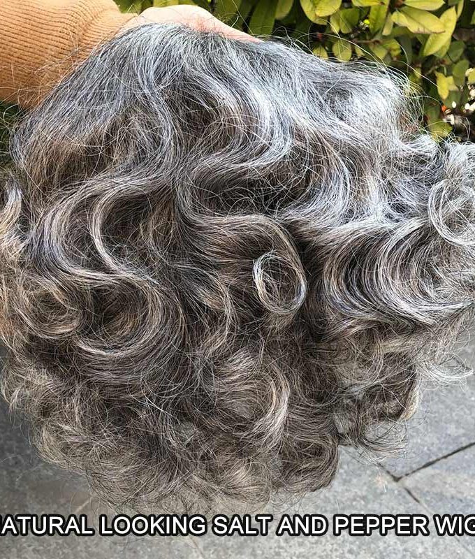 Salt & Pepper Loose Curly V-Part Wig For Seniors Silver Grey Short Glueless Human Hair Wigs For Women