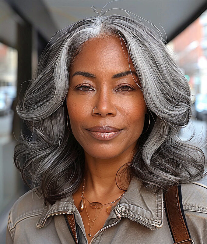 US DOMESTIC SHIPPING | Mid-Length Salt And Pepper Wig For Mature Women 100% Human Hair Body Wave 5x5 HD Lace Throw On & Go Wigs For Mom