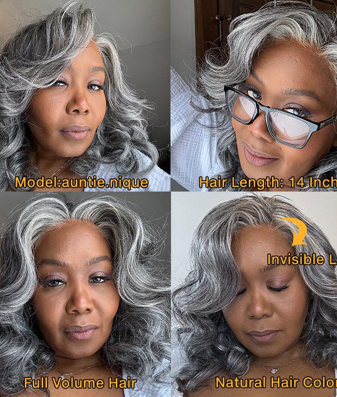 Shoulder-Length Salt And Pepper Wig Real Human Hair Loose Wave Wigs