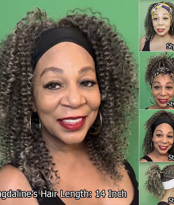 Silver Gray Jerry Curly Human Hair Headband Wig For Black Women Salt And Pepper Color