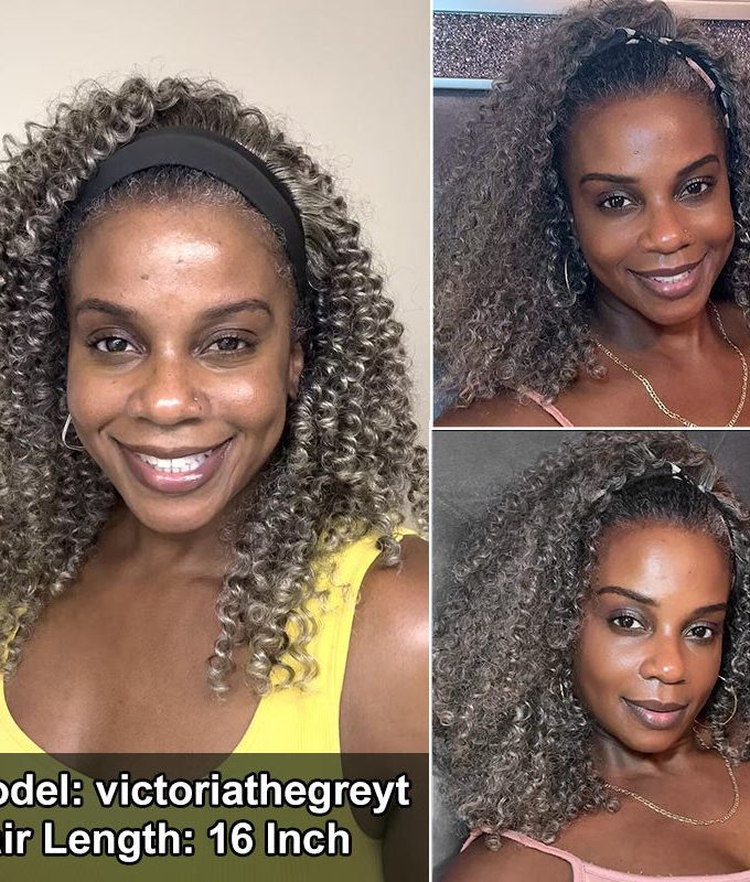 Silver Gray Jerry Curly Human Hair Headband Wig For Black Women Salt And Pepper Color