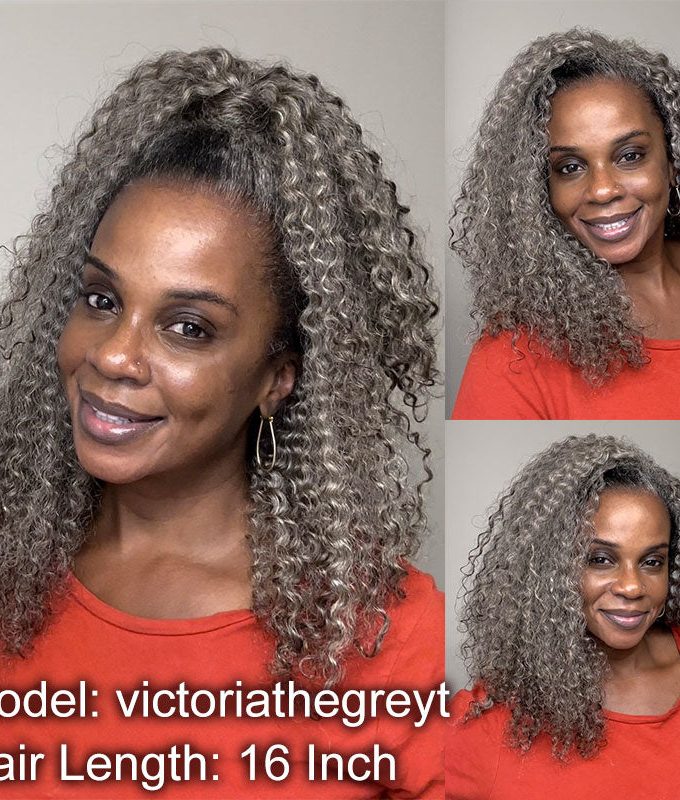 Standard Salt & Pepper Kinky Curly 3 In 1 Half Wig Beginner Friendly Glueless 3/4 Wig 100% Human Hair