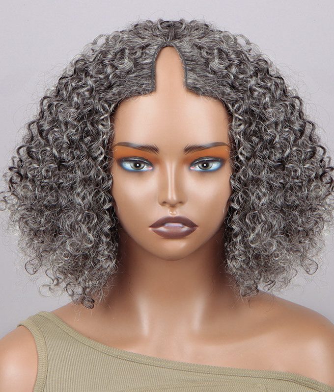 Silver Gray Jerry Curly V-Part Glueless Wigs Real Human Hair Salt and Pepper Short Bob For Women Over 50