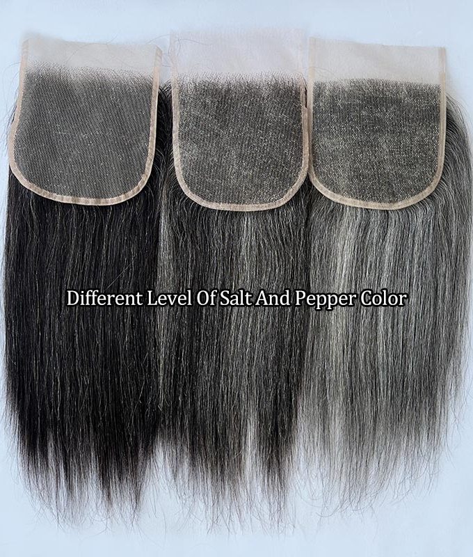 Salt And Pepper Straight 5"x5" Swiss Lace Closure Human Hair Silver Grey Top Hair Pieces