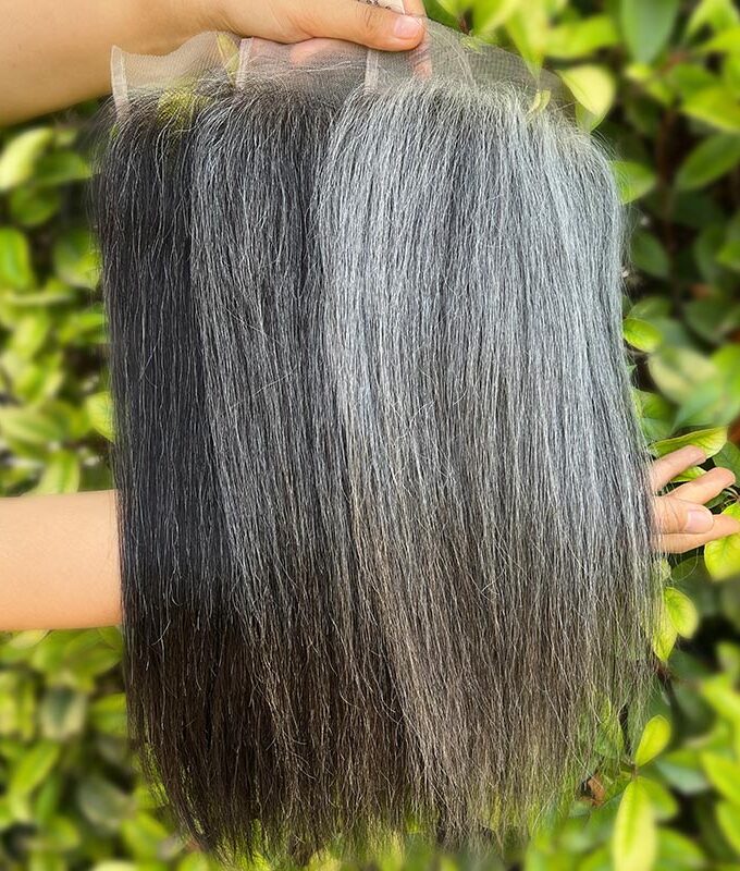 Salt And Pepper Straight 5"x5" Swiss Lace Closure Human Hair Silver Grey Top Hair Pieces