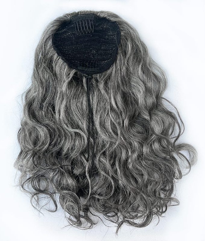 Instant Salt and Pepper Drawstring Ponytail Natural Wavy Human Hair Clip In Extensions