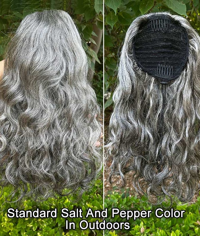 Instant Salt and Pepper Drawstring Ponytail Natural Wavy Human Hair Clip In Extensions